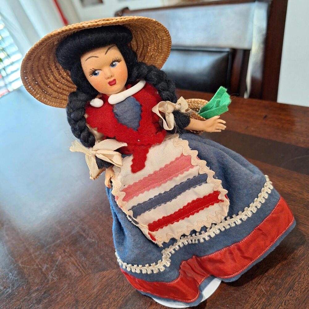 Vintage Italian Composition Girl Doll 8” Made in Italy Rosy w/ Stand